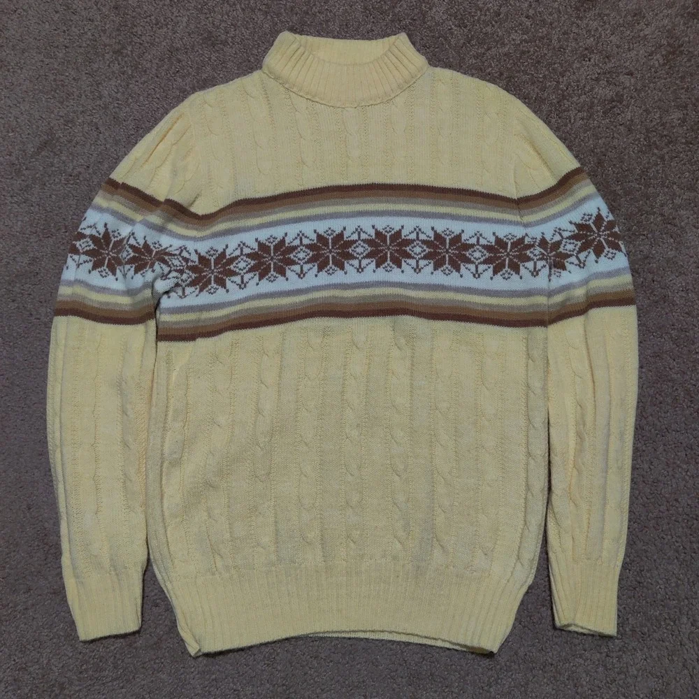 Jantzen Cable Knit Snowflake Sweater Women's Size M Yellow Made In USA Christmas